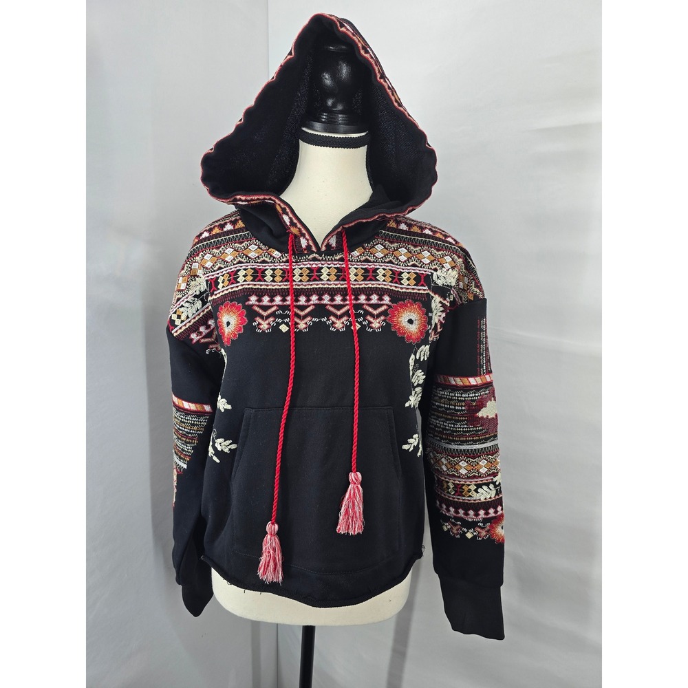 BBWM Woman Embroidered Boho Hoodie Black Floral Geometric Tassel Sweatshirt S